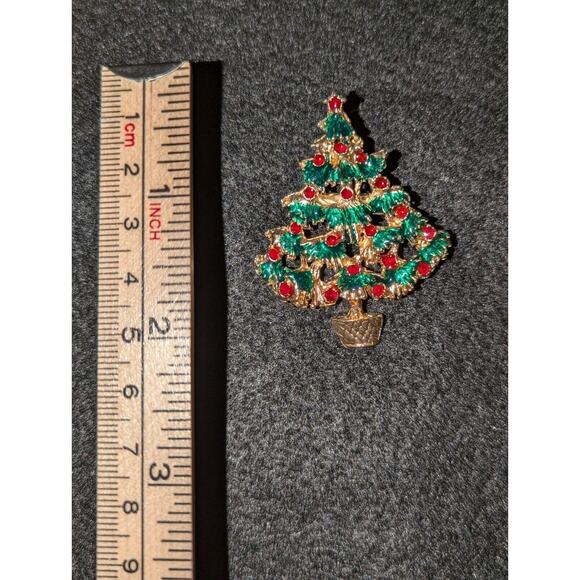 Vintage Christmas Tree Gold tone Green Enamel with Rhinestones Brooch/Pin - Picture 3 of 4